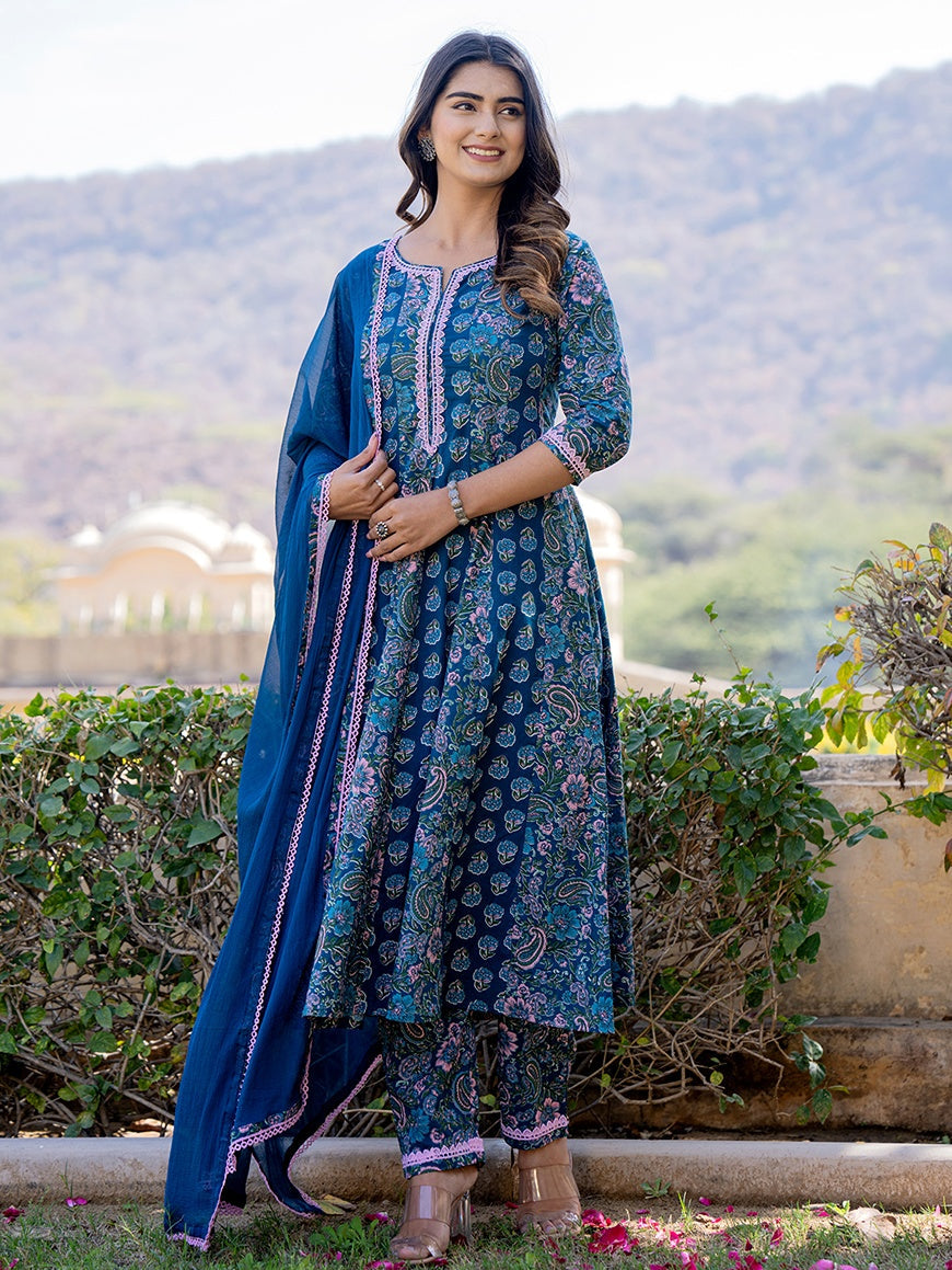 Blue Cotton Three quarter Regular Sleeves Anarkali kurta dupatta set-Yufta Store-1805SKDBLS