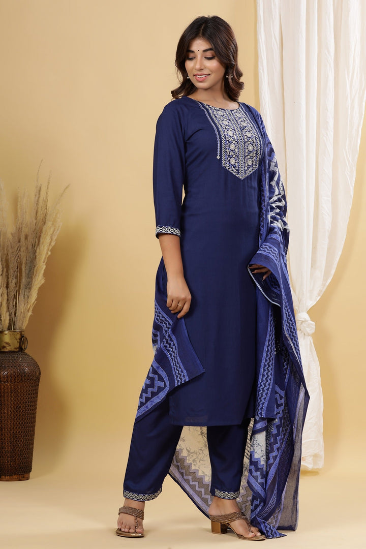 Blue Embroidered Dupatta Set-Yufta Store-7875SKDNBS