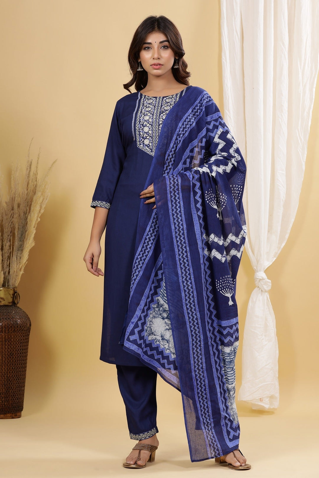 Blue Embroidered Dupatta Set-Yufta Store-7875SKDNBS