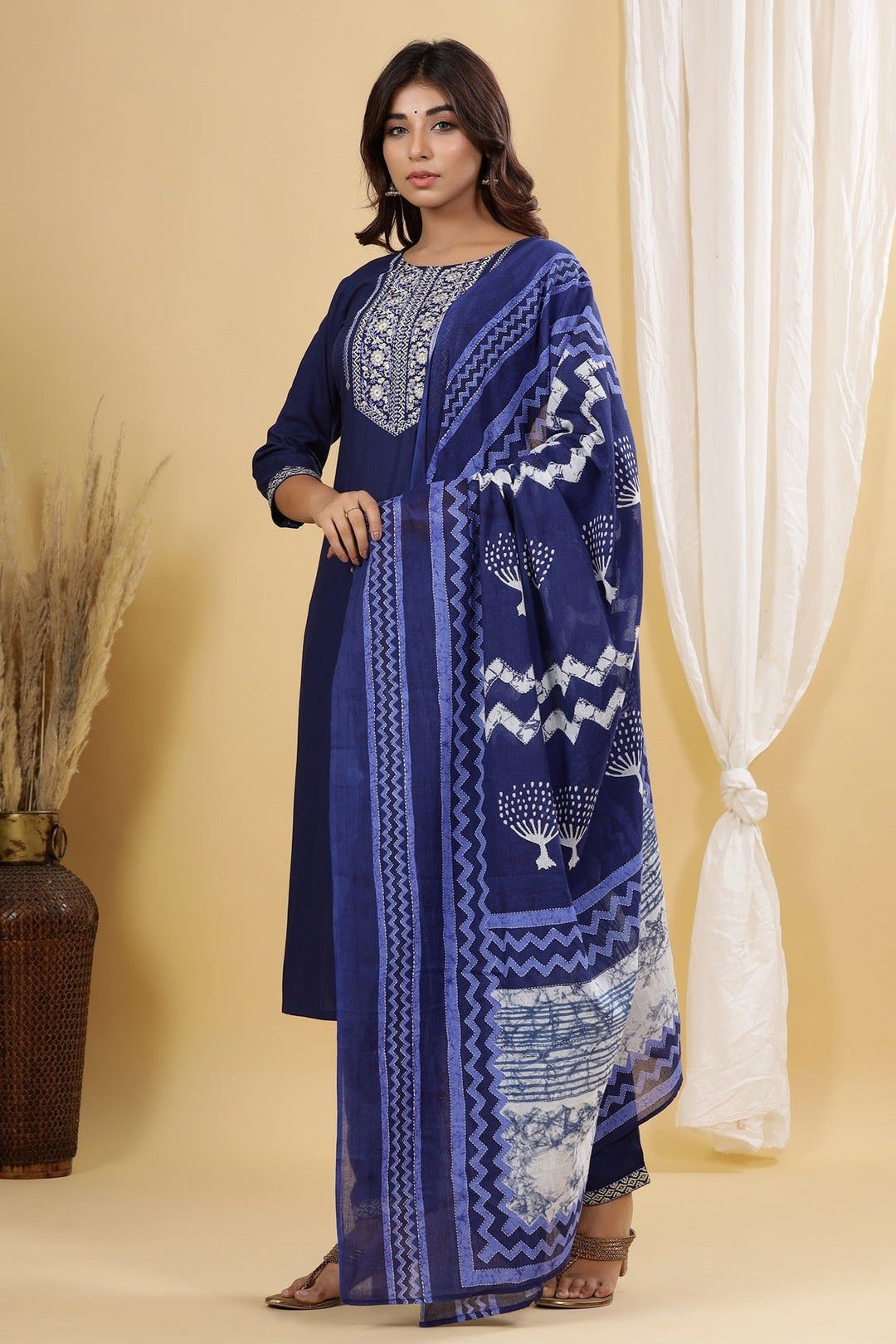 Blue Embroidered Dupatta Set-Yufta Store-7875SKDNBS