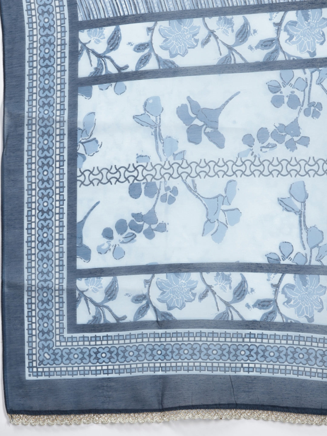 Blue Embroidered Handblock Printed Dupatta Set-Yufta Store-2348SKDBLM