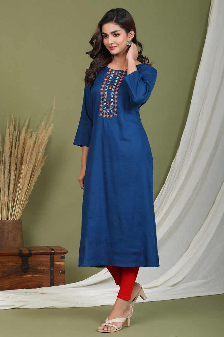 Blue Embroidered Kurta-Yufta Store-2405KURBLM