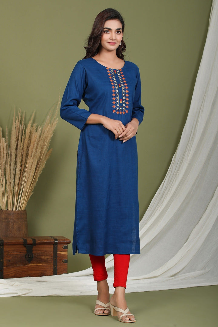 Blue Embroidered Kurta-Yufta Store-2405KURBLM