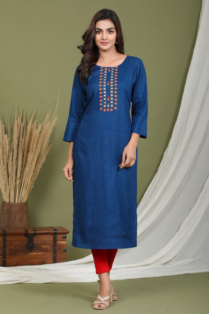 Blue Embroidered Kurta-Yufta Store-2405KURBLM