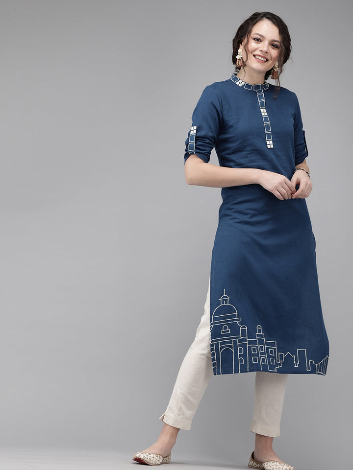 Blue Embroidered Kurta-Yufta Store-7230KURNBS