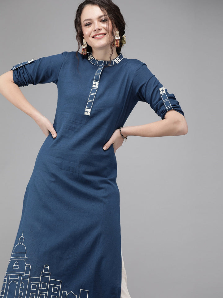 Blue Embroidered Kurta-Yufta Store-7230KURNBS