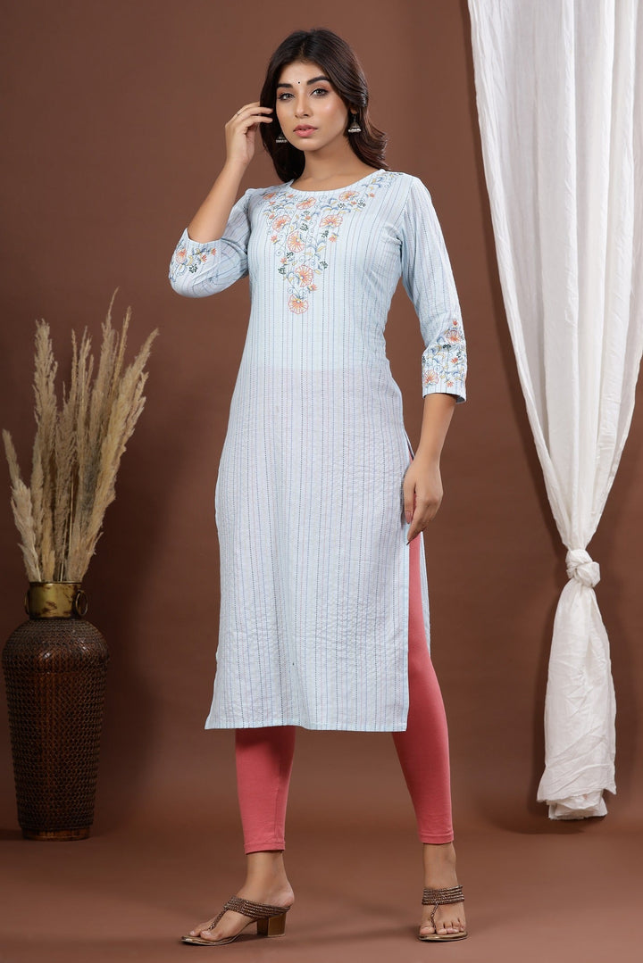 Blue Embroidered Kurta-Yufta Store-7796KURSBS