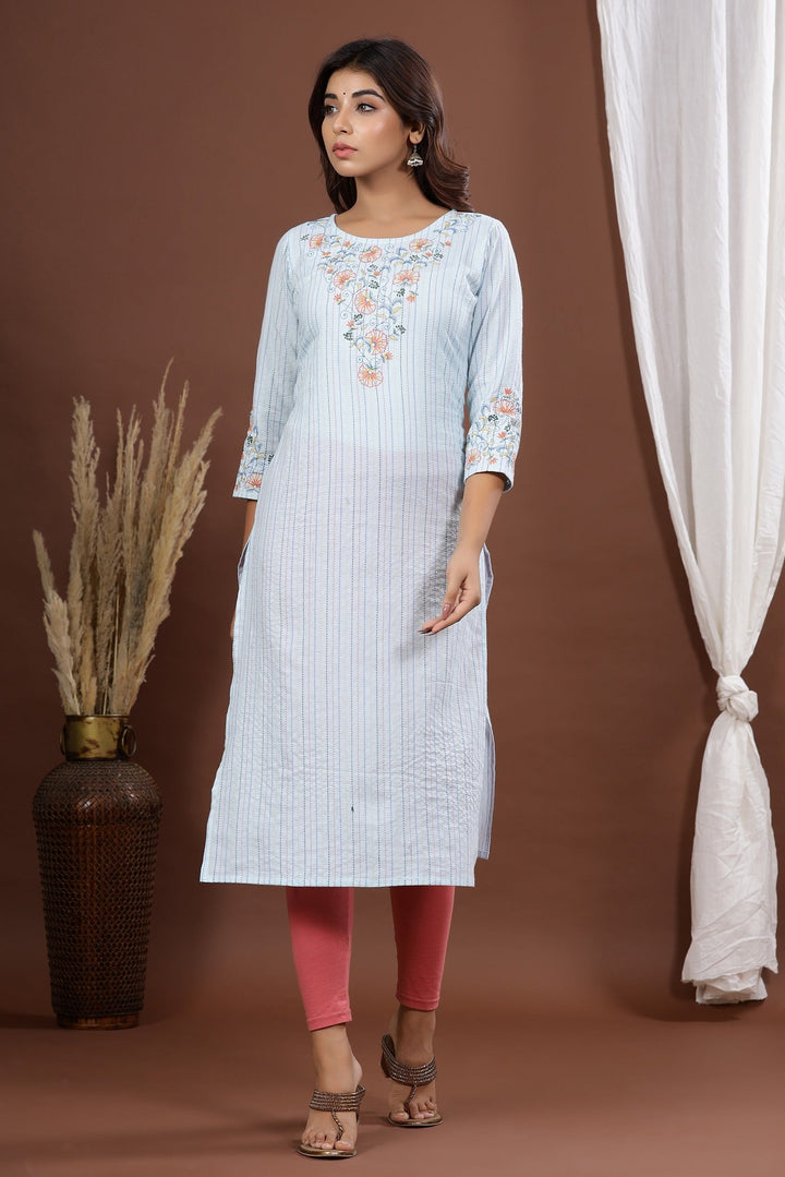 Blue Embroidered Kurta-Yufta Store-7796KURSBS