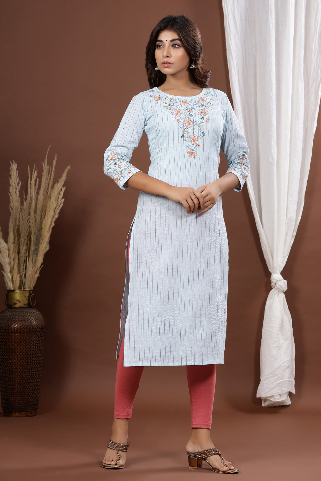 Blue Embroidered Kurta-Yufta Store-7796KURSBS