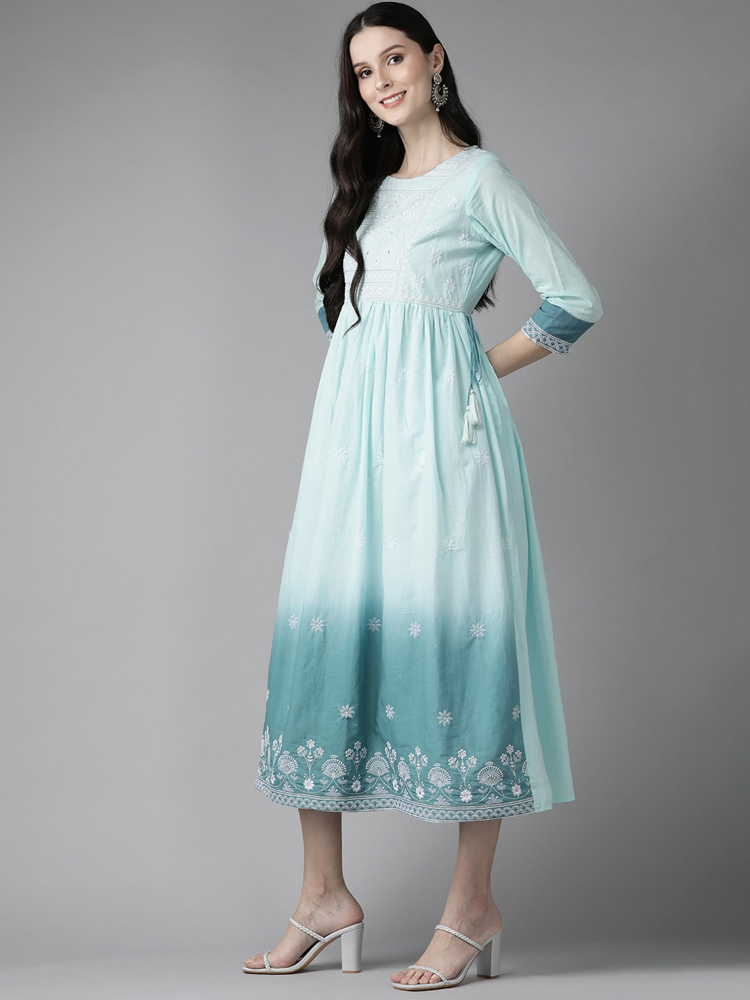 Blue Embroidered Midi Dress-Yufta Store-2752DRSSBM