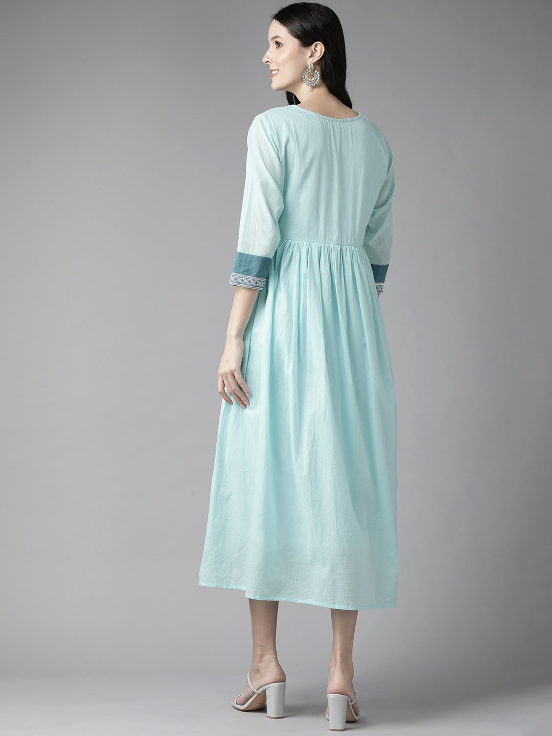 Blue Embroidered Midi Dress-Yufta Store-2752DRSSBM