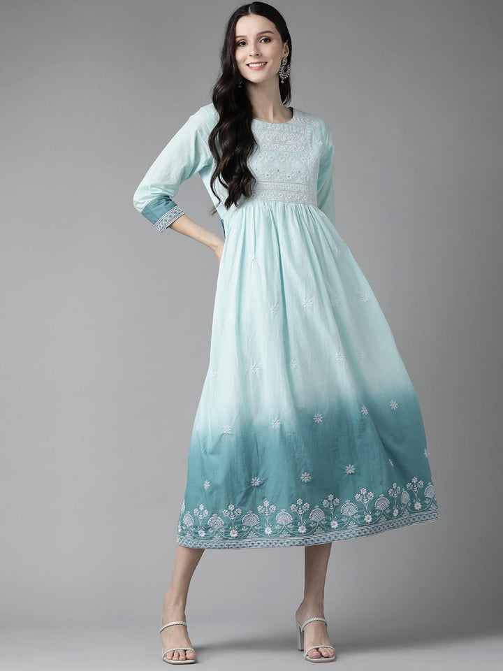 Blue Embroidered Midi Dress-Yufta Store-2752DRSSBM