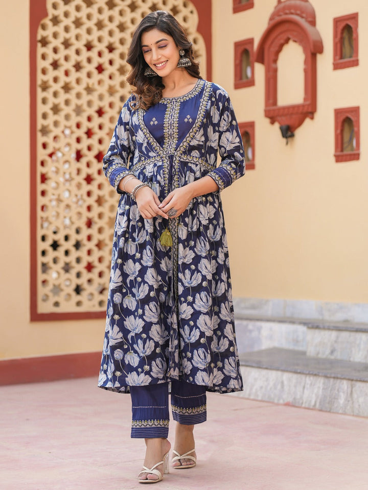 Blue Embroidered shrug Crop top co ord set-Yufta Store-1685CRDBLS