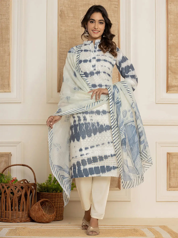Blue Embroidery Cotton Have A Lining Kurta Trousers With Dupatta Set