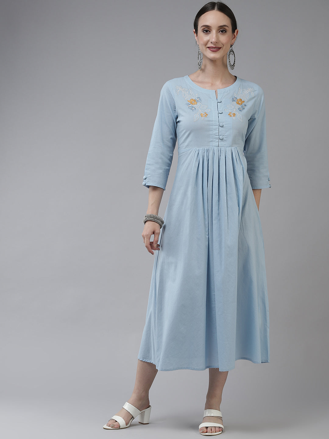 Blue Ethnic Midi Dress-Yufta Store-9784DRSBLS