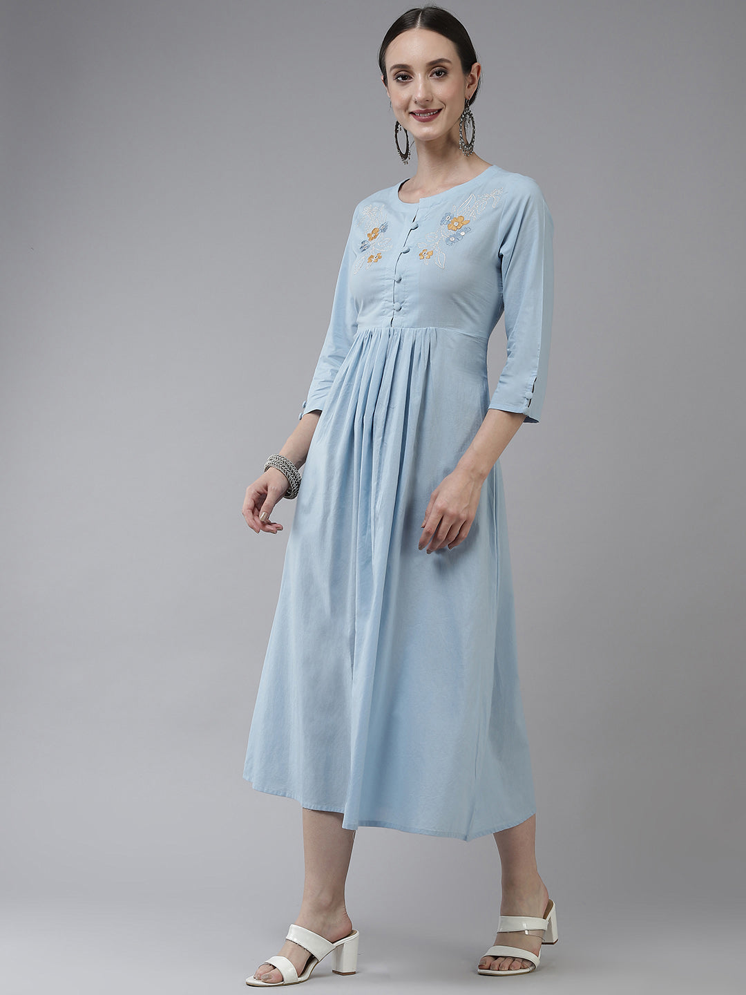 Blue Ethnic Midi Dress-Yufta Store-9784DRSBLS