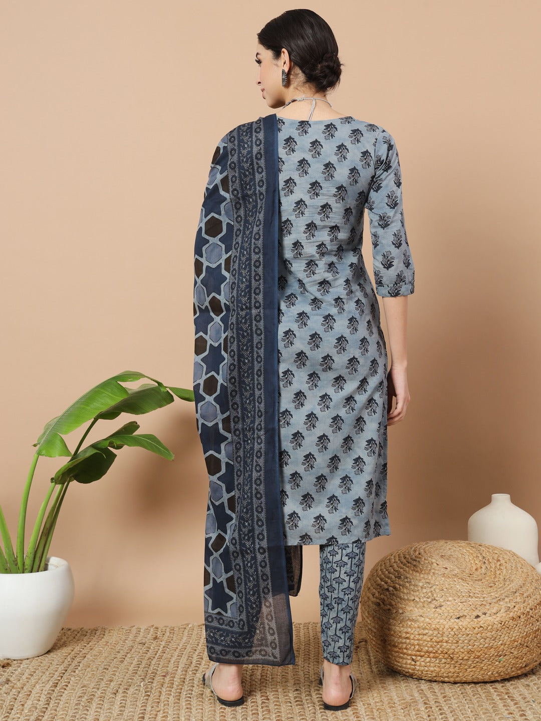 Blue Ethnic Motifs Block Print Straight Kurta Trouser And Dupatta Set-Yufta Store-6817SKDBLS