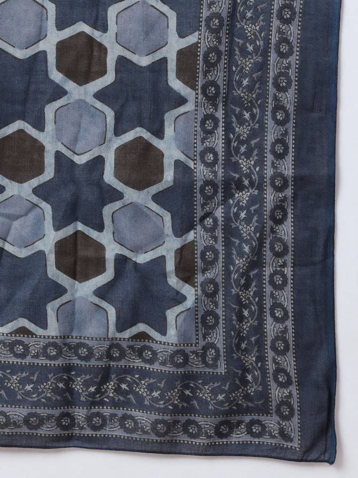 Blue Ethnic Motifs Block Print Straight Kurta Trouser And Dupatta Set-Yufta Store-6817SKDBLS