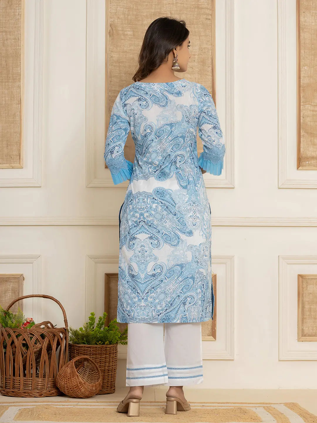 Blue Ethnic Motifs Cotton Straight Kurta And Trousers With Dupatta Set