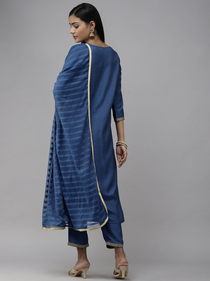 Blue Ethnic Motifs Embroidered Dupatta Set-Yufta Store-2340SKDTBM