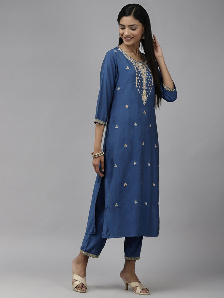 Blue Ethnic Motifs Embroidered Dupatta Set-Yufta Store-2340SKDTBM