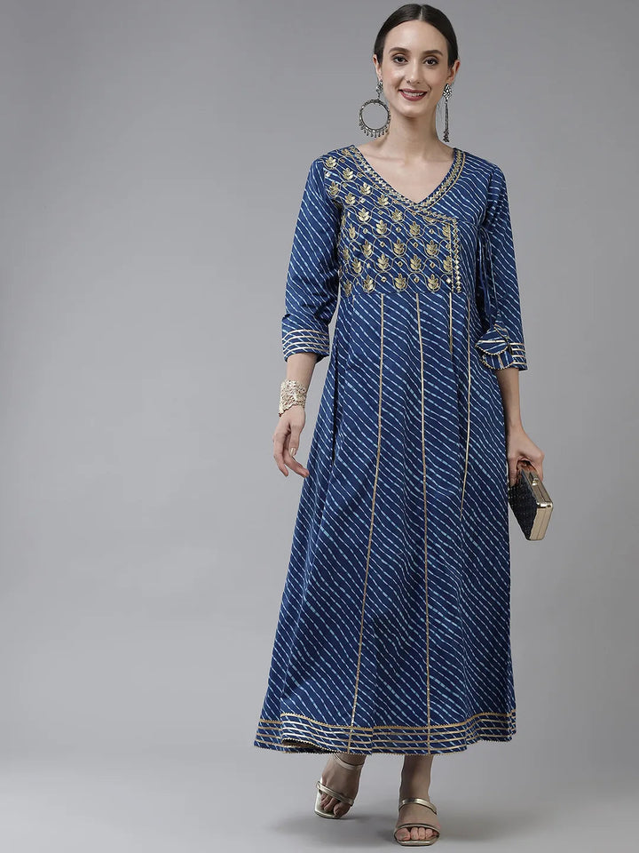 Blue Ethnic Motifs Maxi Dress-Yufta Store-9778DRSBLS