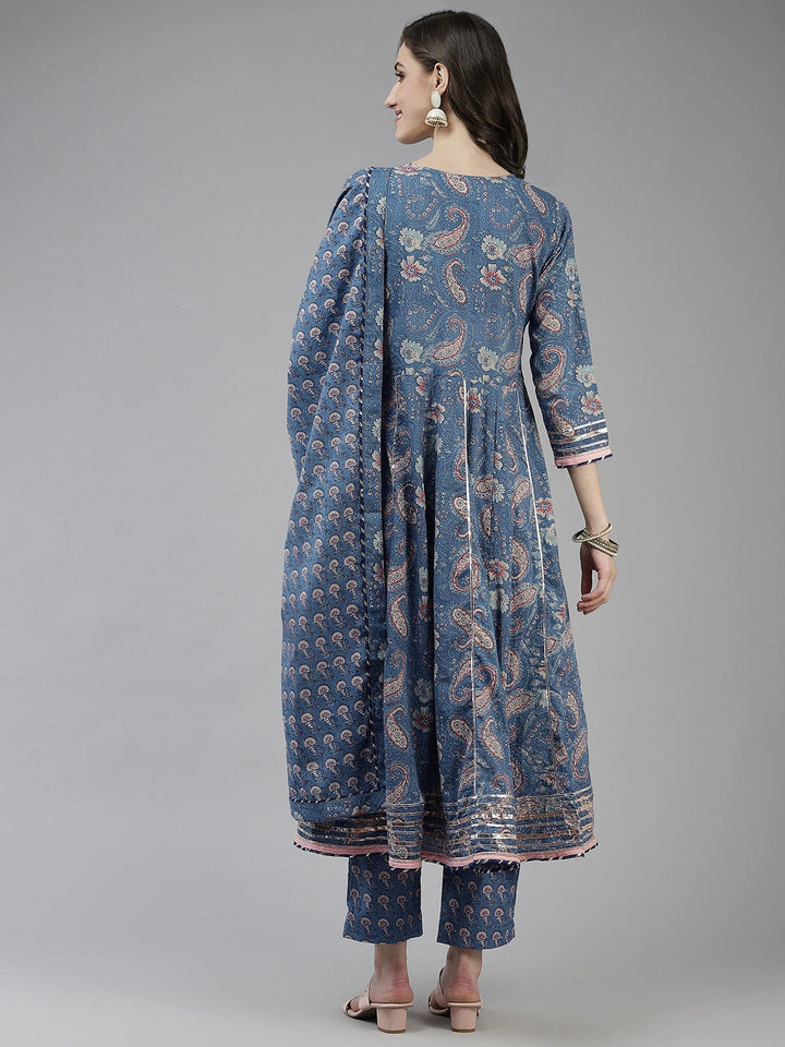 Blue Ethnic Motifs Printed Anarkali Shape Dupatta Set-Yufta Store-2509SKDBLM