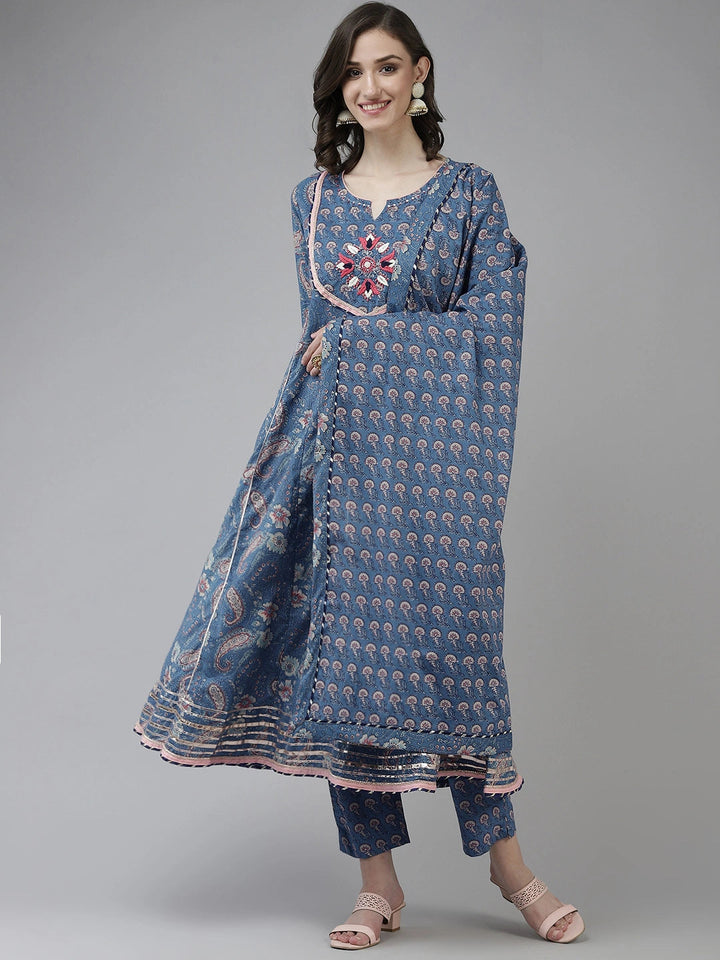 Blue Ethnic Motifs Printed Anarkali Shape Dupatta Set-Yufta Store-2509SKDBLM