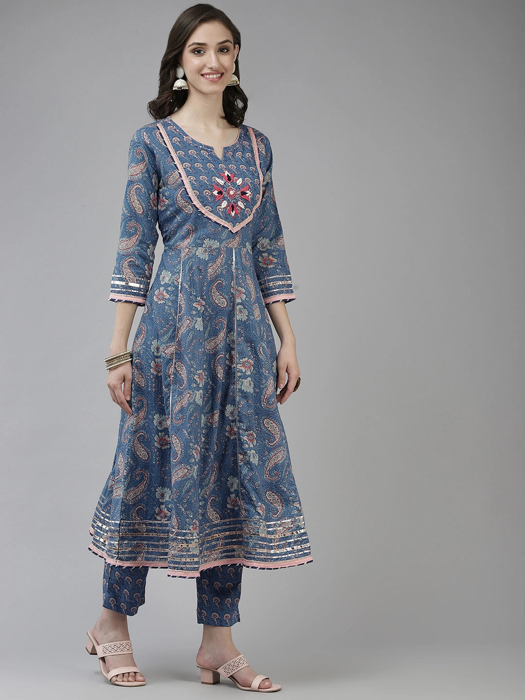 Blue Ethnic Motifs Printed Anarkali Shape Dupatta Set-Yufta Store-2509SKDBLM