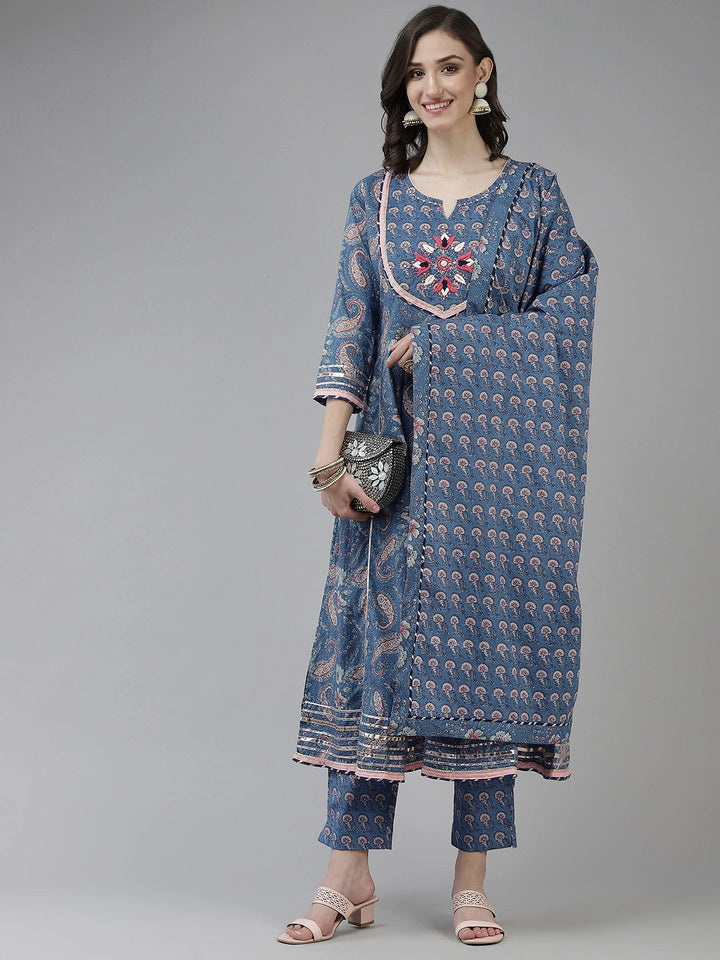 Blue Ethnic Motifs Printed Anarkali Shape Dupatta Set-Yufta Store-2509SKDBLM