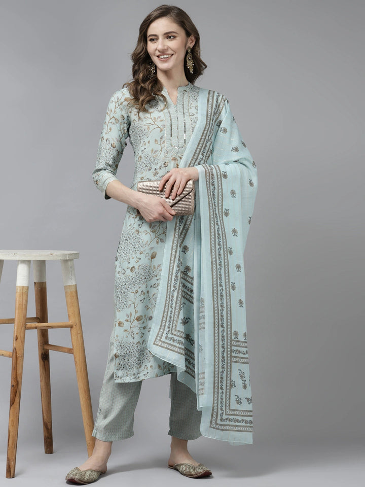 Blue Ethnic Motifs Printed Gota-Patti Dupatta Set-Yufta Store-9805SKDSBS