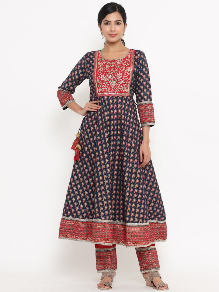 Blue Ethnic Motifs Printed Gotta-Patti Anarkali Shape Dupatta Set-Yufta Store-4610SKDBLM