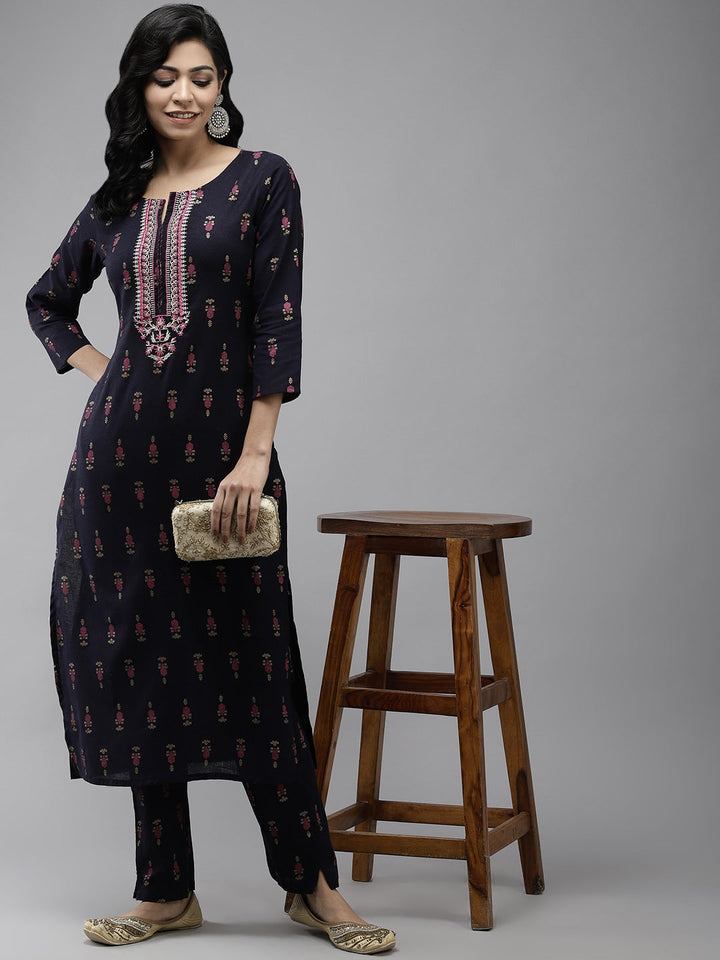 Blue Ethnic Motifs Printed Kurta Set-Yufta Store-9359SETBLS