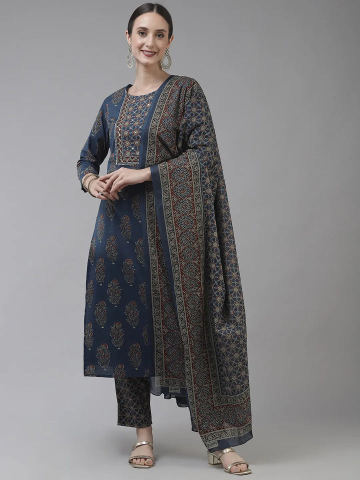 Blue Ethnic Motifs Printed Pure Cotton Dupatta Set-Yufta Store-9724SKDBLS