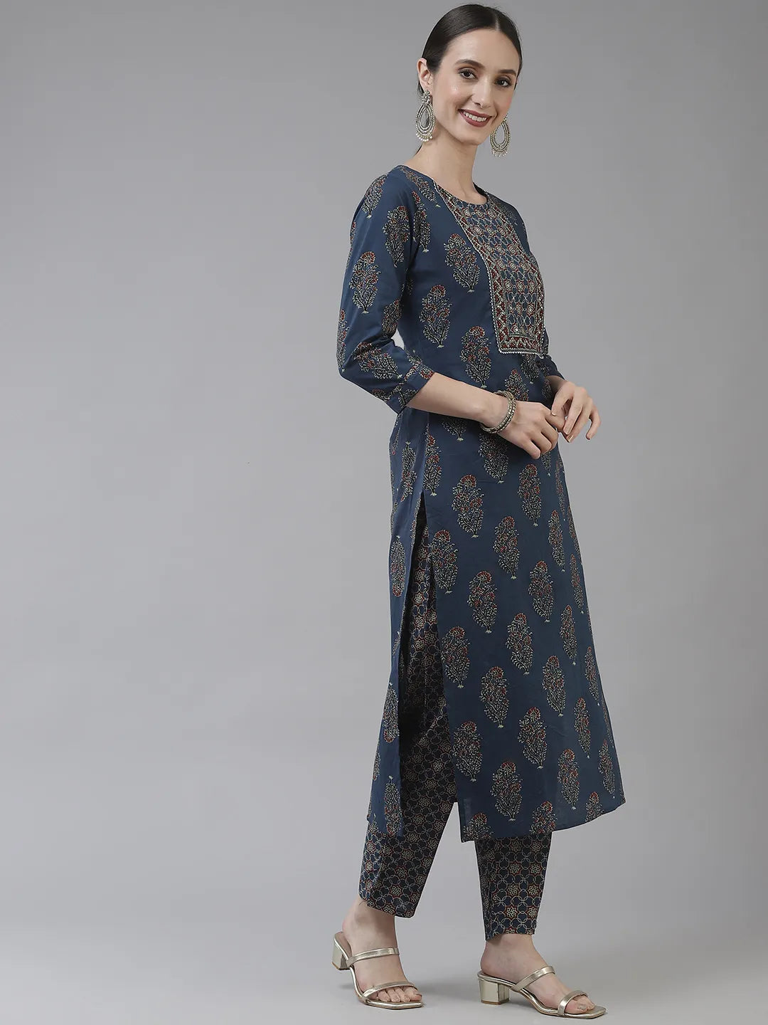 Blue Ethnic Motifs Printed Pure Cotton Dupatta Set-Yufta Store-9724SKDBLS