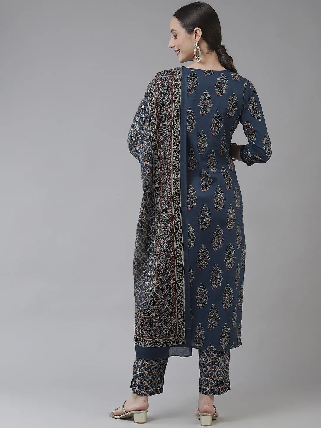 Blue Ethnic Motifs Printed Pure Cotton Dupatta Set-Yufta Store-9724SKDBLS