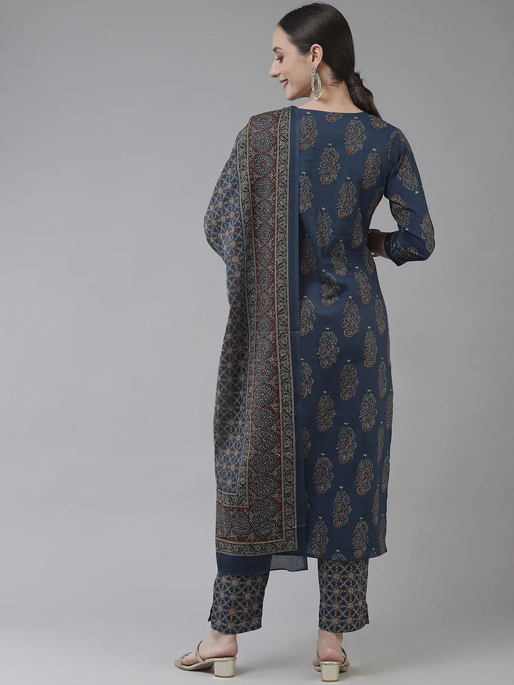 Blue Ethnic Motifs Printed Pure Cotton Dupatta Set-Yufta Store-9724SKDBLS