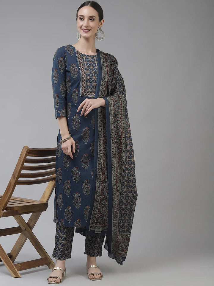 Blue Ethnic Motifs Printed Pure Cotton Dupatta Set-Yufta Store-9724SKDBLS