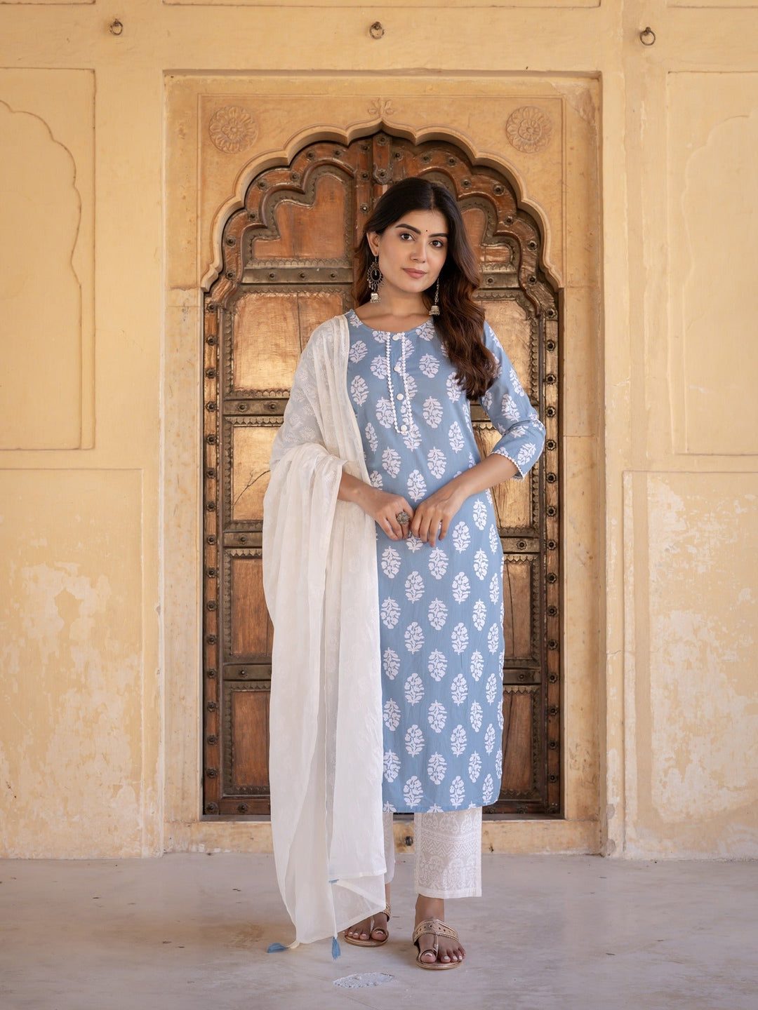 Blue Ethnic Motifs Printed Pure Cotton Regular Style Dupatta Set-Yufta Store-9720SKDBLS