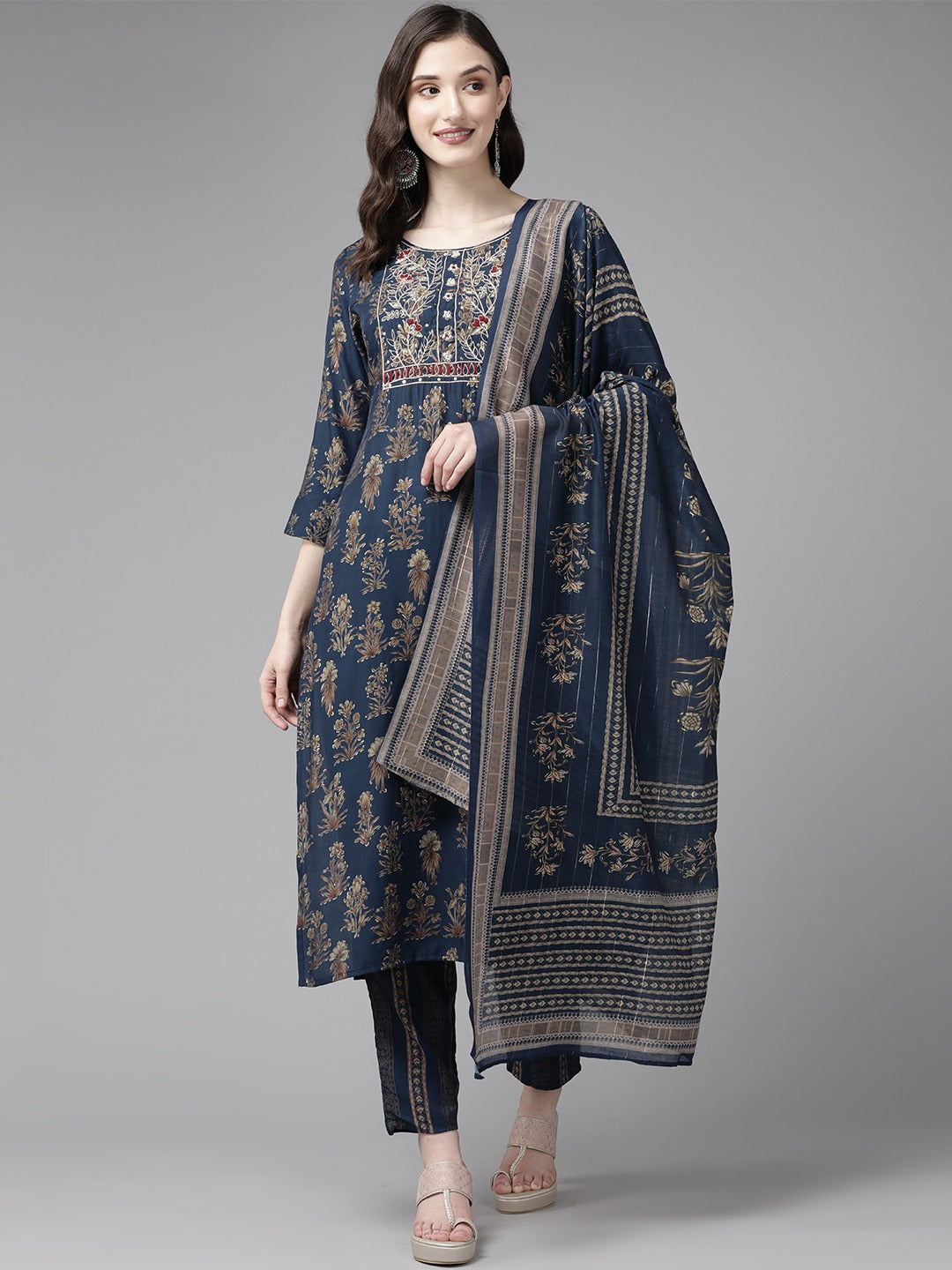 Blue Ethnic Motifs Printed Quarter Sleeves Dupatta Set-Yufta Store-1109SKDBLM