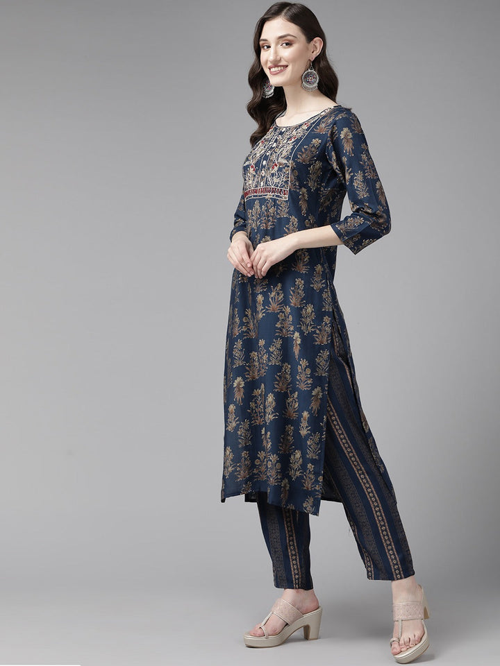 Blue Ethnic Motifs Printed Quarter Sleeves Dupatta Set-Yufta Store-1109SKDBLM