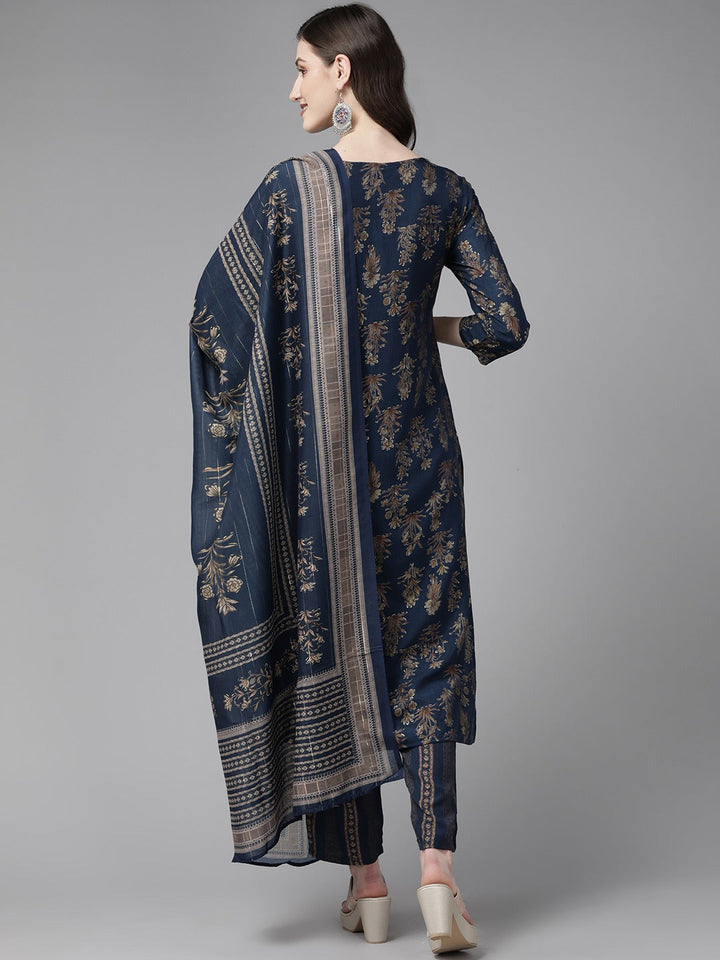 Blue Ethnic Motifs Printed Quarter Sleeves Dupatta Set-Yufta Store-1109SKDBLM