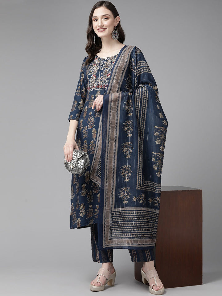 Blue Ethnic Motifs Printed Quarter Sleeves Dupatta Set-Yufta Store-1109SKDBLM