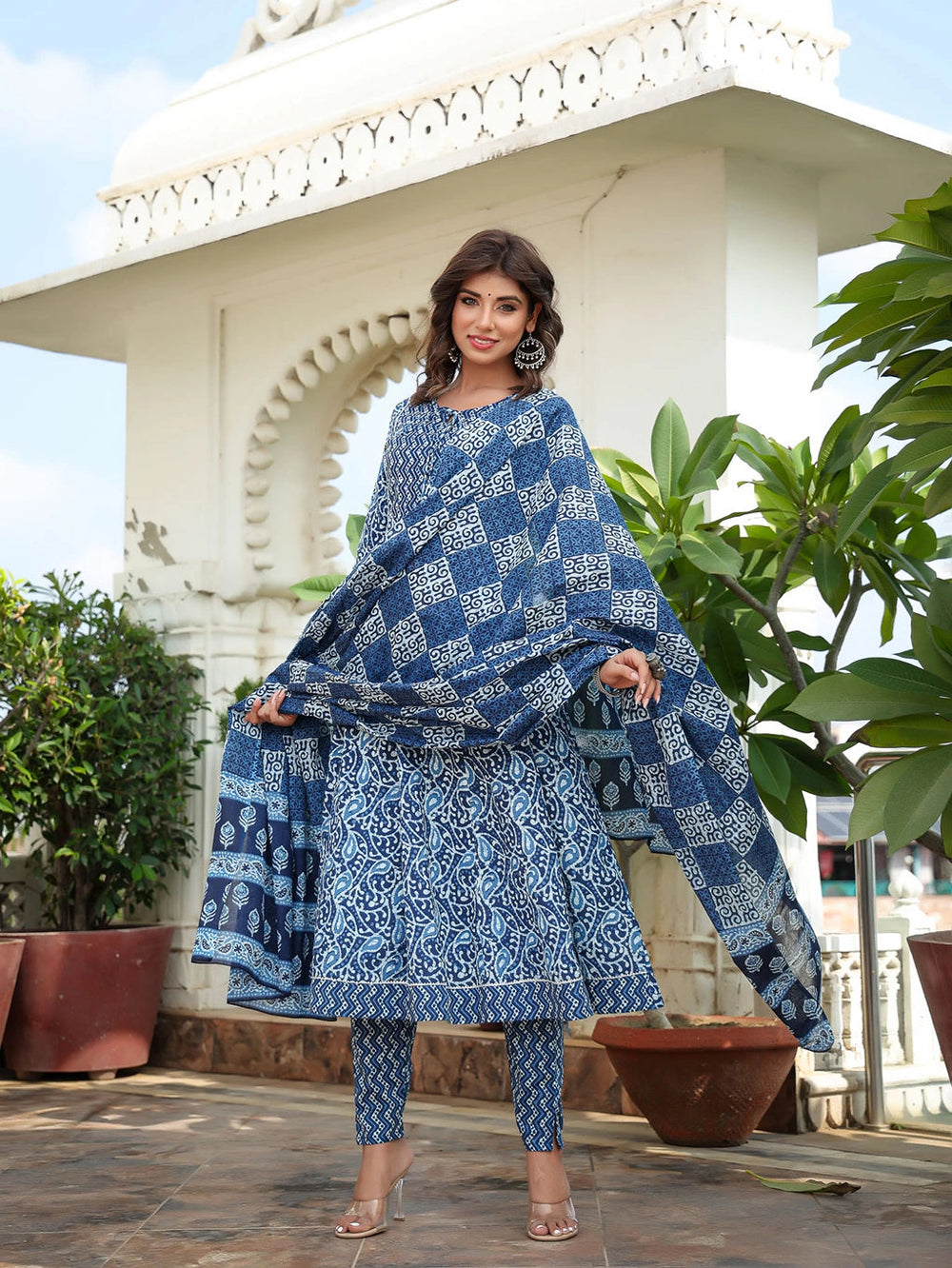 Blue Ethnic Motifs Printed Regular Sequined Pure Cotton Kurta with Trousers & With Dupatta-Yufta Store-1580SKDBLS