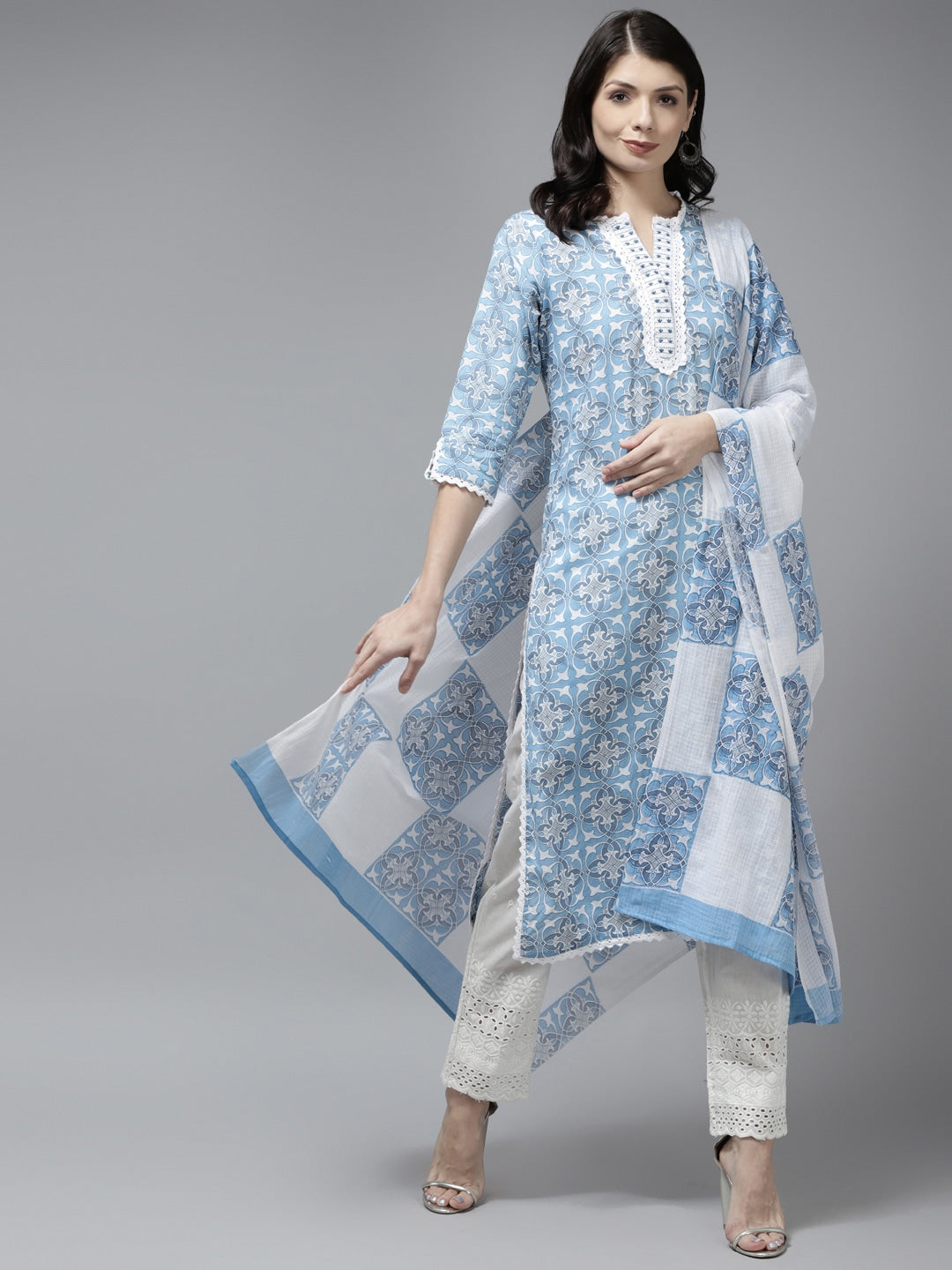 Blue Ethnic Motifs Printed Regular Style Pure Cotton Dupatta Set-Yufta Store-5701SKDBLM