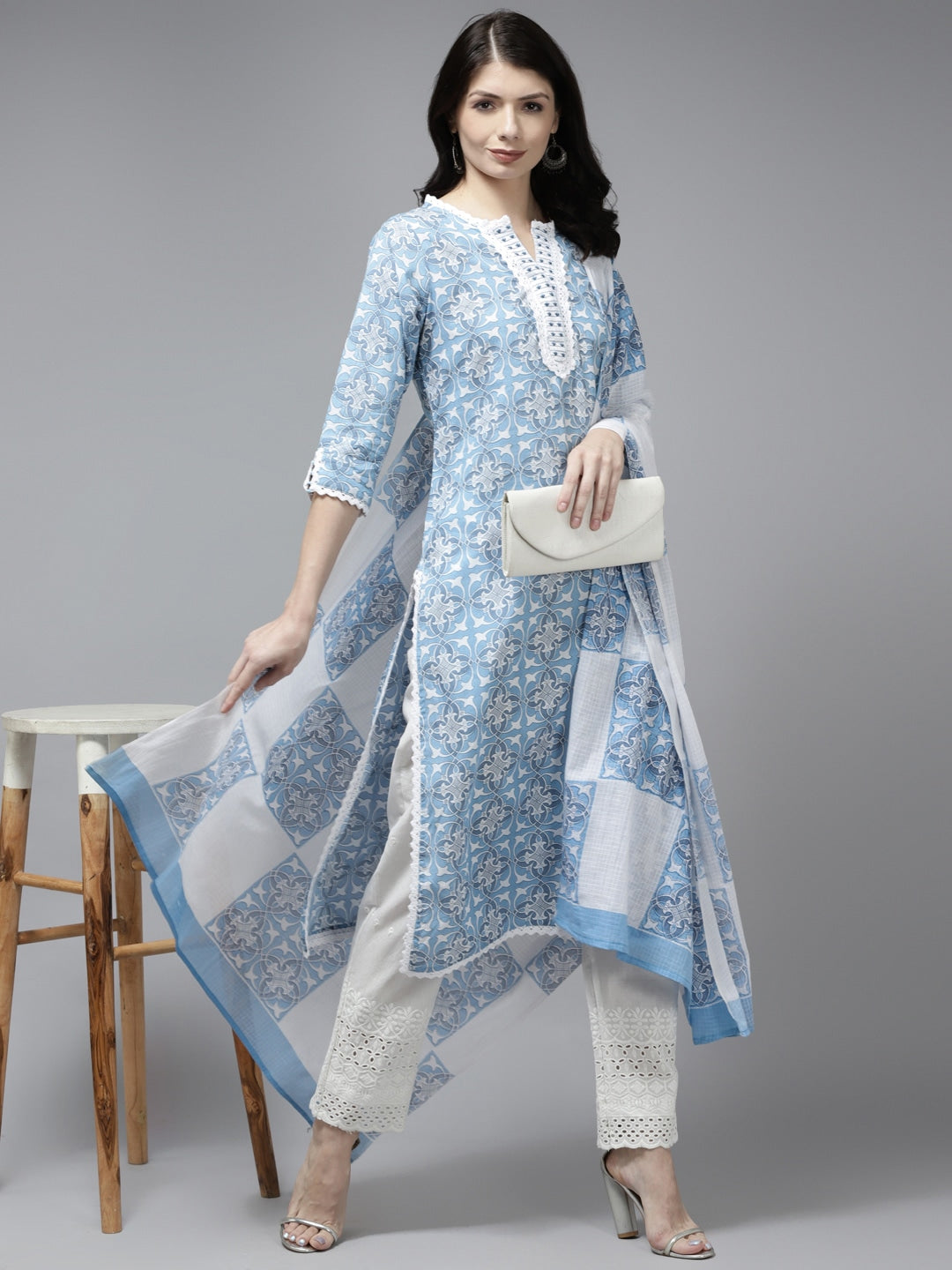 Blue Ethnic Motifs Printed Regular Style Pure Cotton Dupatta Set-Yufta Store-5701SKDBLM