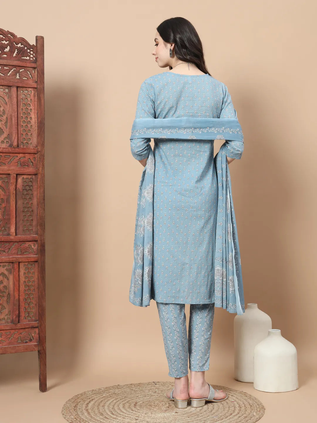 Blue Ethnic Motifs,Thread_Work Straight Kurta Trouser And Dupatta Set-Yufta Store-6812SKDBLS