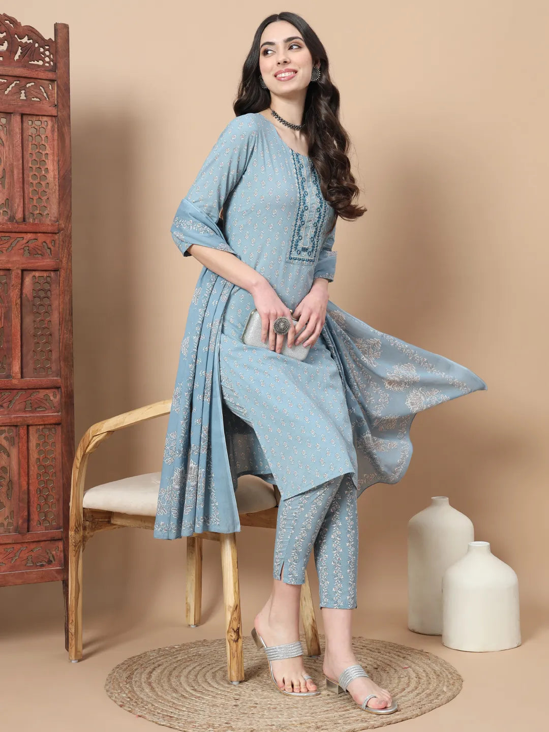 Blue Ethnic Motifs,Thread_Work Straight Kurta Trouser And Dupatta Set-Yufta Store-6812SKDBLS