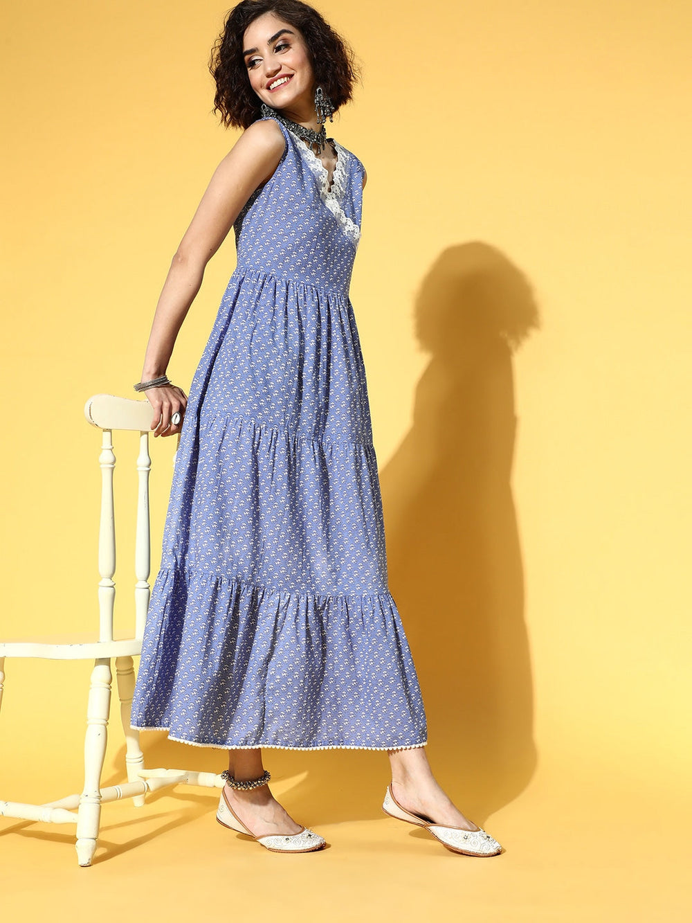 Blue Ethnic Printed Dress-Yufta Store-9503DRSBLS