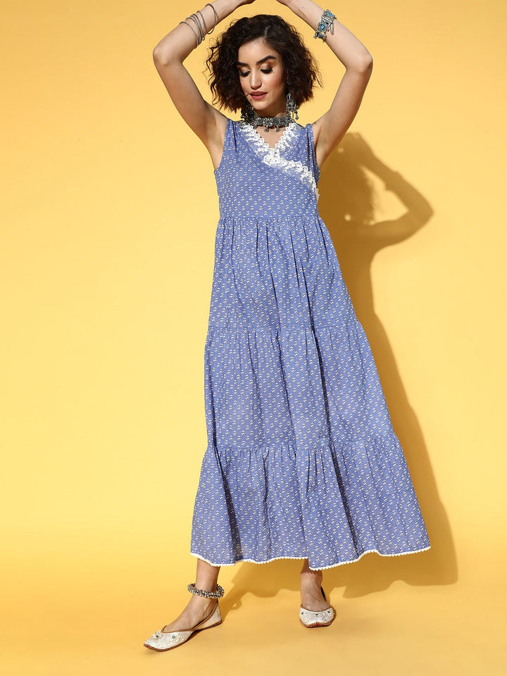 Blue Ethnic Printed Dress-Yufta Store-9503DRSBLS